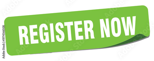 A bright green rectangular sticker displaying the text register now