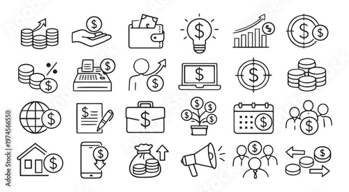 financial management investment and money saving line icons vector