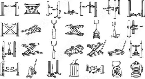 Automotive Car Repair Garage Equipment Line Art Icons Set. Vehicle Lifts, Jacks, Stands, and Service Tools for Maintenance.