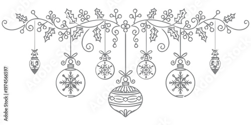 Delicate christmas ornaments and holly branch sketch in grayscale