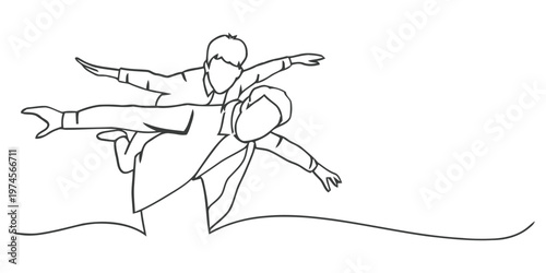 Continuous line drawing of a couple dancing or embracing playfully