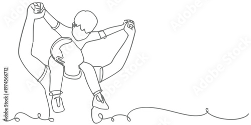 A continuous line drawing depicts a father carrying a child on his shoulders