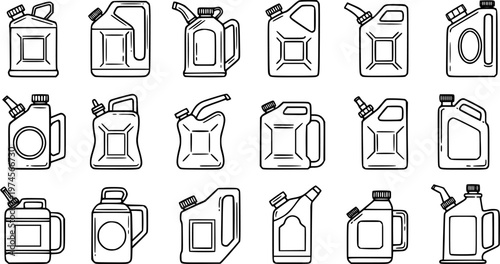 Black and White Line Art Icons of Various Jerry Cans and Fuel Containers