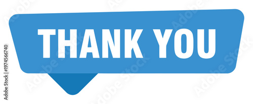 A vibrant blue speech bubble displaying the words thank you in white