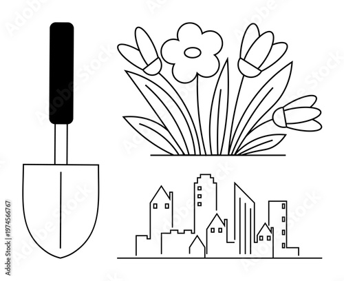 Gardening, urban development, landscaping, sustainability, eco-friendly living, city planning. Line art features a shovel, flowers and a cityscape. Gardening and urban development