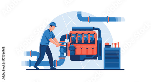 A skilled mechanical engineer wearing a blue uniform and safety helmet performs precise maintenance on a massive orange industrial engine within a clean workshop environment.