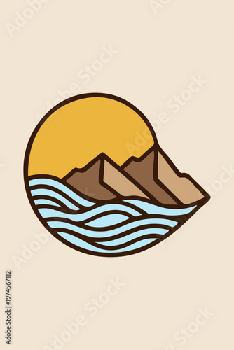 Logo agencia de viajes. Vacaciones de verano. Dibujo sencillo con líneas de un sol con montañas y olas de mar formando un círculo