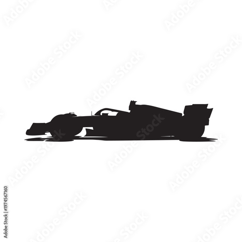 A black silhouette of a formula one racing car on a white background