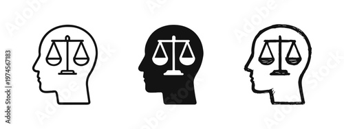 Head with Justice Scales Icon Set. Legal Mindset, Conscience, and Ethical Judgment Symbol in Outline, Solid, and Hand-Drawn Styles.