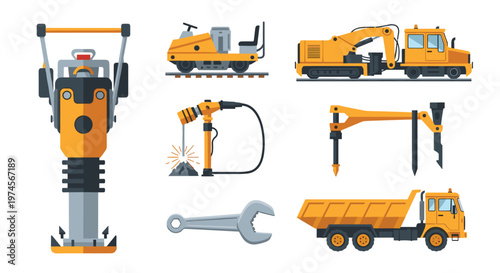 Comprehensive collection of yellow heavy construction equipment featuring a powerful jackhammer, a sturdy dump truck, and a versatile excavator for building sites.