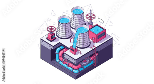 Detailed isometric illustration of a modern industrial power plant featuring large cooling towers with vibrant blue water and complex subterranean pink and blue pipes.
