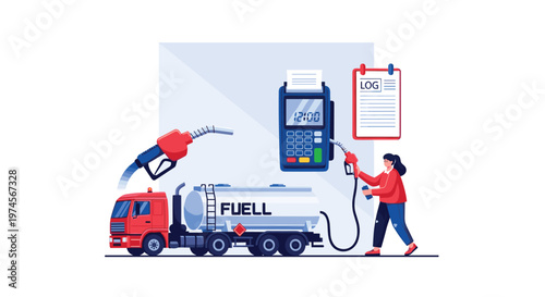 Vibrant illustration of a red fuel tanker truck being refilled by a professional female worker next to a large digital payment terminal and a detailed logbook.