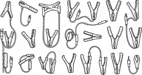 Black and White Line Art Automotive Jumper Cables  Battery Clamps Vector Set. Hand Drawn Outline Sketch of Electrical Car Connectors and Alligator Clips.