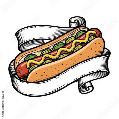 Appetizing Classic Hot Dog Illustration with Decorative Scroll Banner for Food Design