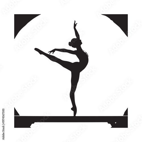 A graceful silhouette of a female gymnast performing on a balance beam