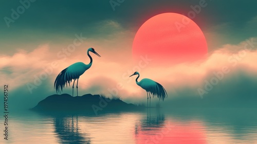Wallpaper Mural Two cranes stand on a misty island at sunset Torontodigital.ca