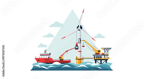 A specialized red maintenance vessel supports a technician working on a towering offshore wind turbine platform surrounded by vibrant blue and white ocean waves.