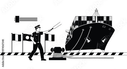 A dedicated port official in a formal uniform uses a signaling wand to guide a massive container ship docked at a busy international maritime pier.