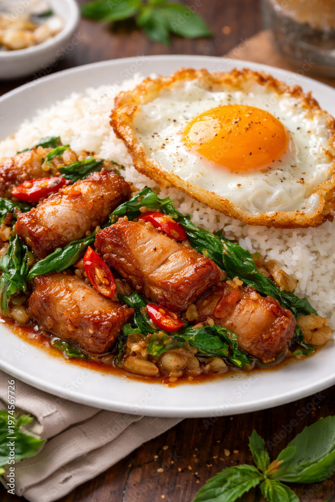 Fototapeta premium Thai Basil Crispy Pork with Fried Egg on Rice – Spicy Street Food Close Up 