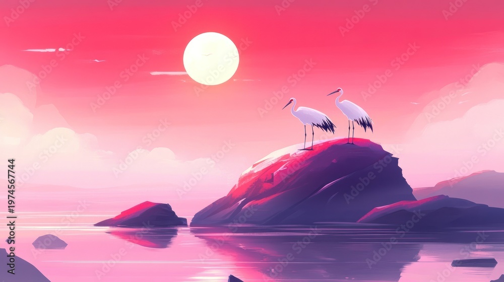 custom made wallpaper toronto digitalTwo cranes on a rock at sunset over water
