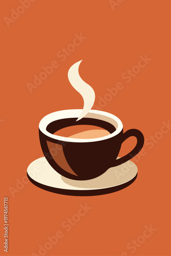 Logo cafetería. Dibujo sencillo con silueta estilo vintage de una taza de café con su plato y vapor en fondo marrón 