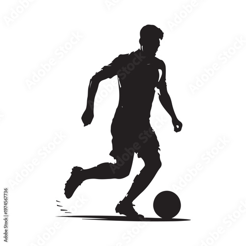 Silhouette of a soccer player running with the ball on a field