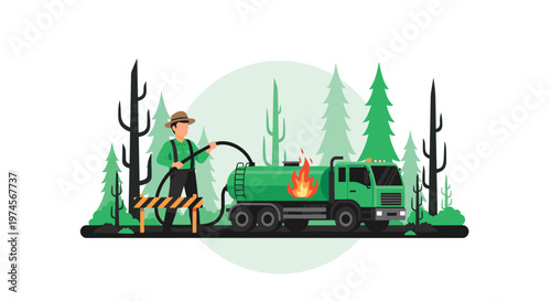 A dedicated forest ranger wearing a wide-brimmed hat operates a long black hose to fill a green water tanker truck in a lush, vibrant woodland setting.