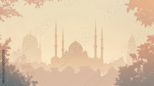 Wallpaper Mural Misty mosque silhouette framed by trees Torontodigital.ca