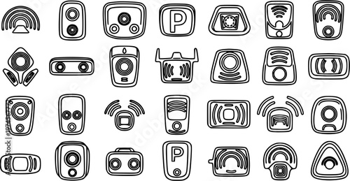 Automotive Car Sensors and Smart Vehicle Technology Black Line Art Icons Set. Vehicle Parking Assist, Rearview Cameras, Radar, Lidar, and ADAS Outline Symbols.