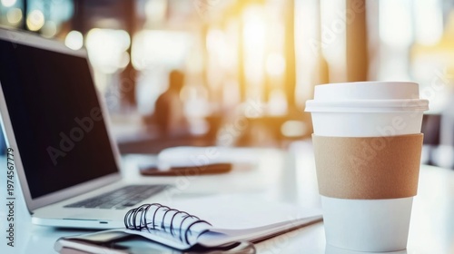 Wallpaper Mural Laptop, coffee cup, notebook on a cafe table. Blurry cafe background Torontodigital.ca