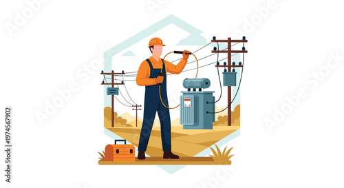 An expert electrical lineman wearing an orange safety helmet and blue overalls maintains high-voltage power lines and transformers in a wide rural field.