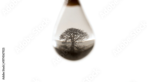 Tree silhouette reflected inside water drop on white background symbolizing nature and environment
