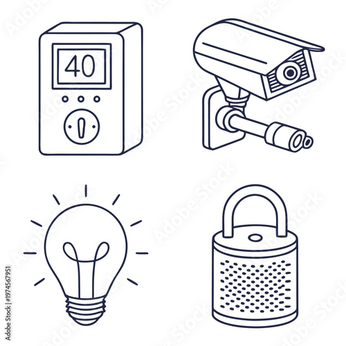 Smart home security energy and device control outline icons light bulb