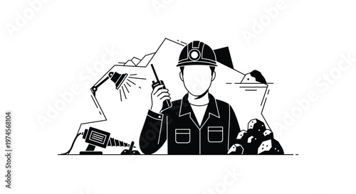 A focused underground miner wearing protective hard hat communicates via walkie talkie while surrounded by heavy drilling machinery and piles of raw coal.