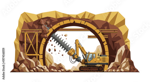 A powerful yellow industrial excavator utilizing massive spiral drill bit to carve through a rocky underground tunnel reinforced with sturdy wooden supports.