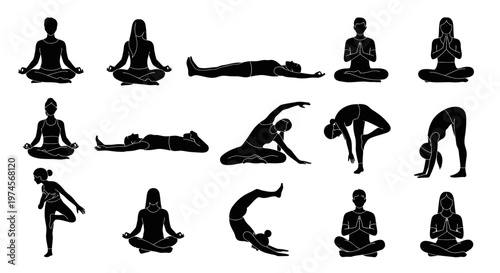 Various yoga poses in silhouette.