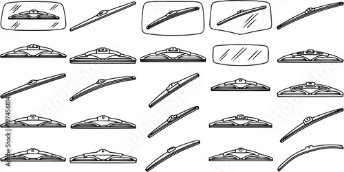Automotive Windshield Wiper Line Art Icons Set. Black and White Outline Symbols of Car Wipers and Vehicle Windows for Maintenance and Parts.