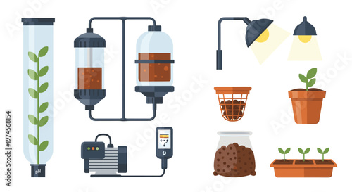 Advanced hydroponic indoor gardening system utilizes vertical growth tubes and specialized nutrient tanks with artificial grow lights in a clean white background.