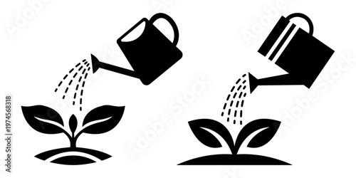 Watering can pouring water on small plant silhouette vector illustration for eco gardening and growth concept