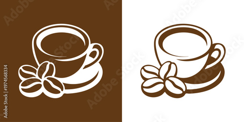 Logo cafetería. Dibujo sencillo con líneas de un plato con una taza de café, con frijoles de café en estilo retro