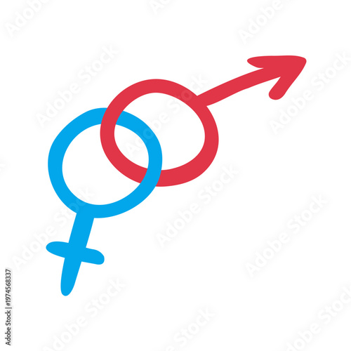 Male female gender symbols colorful icon,relationship love partnership concept, interlinked signs sexuality identity equality minimal design. Isolated. Vector illustration.