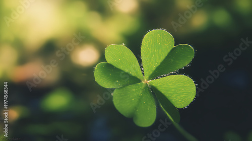 A vibrant, soft-focus close-up of a four-leaf clover with delicate water droplets. 