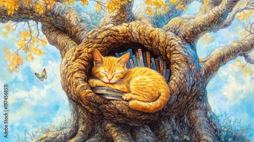 Wallpaper Mural Orange cat sleeps nestled in a tree hollow filled with books, surrounded by autumnal foliage Torontodigital.ca