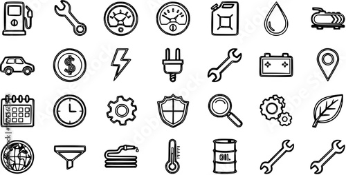 Automotive, Energy  Maintenance Line Art Icons Set. Black and White Outline Symbols Collection for Car Service, Fuel, and Industry Vector.