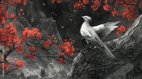Wallpaper Mural Whimsical bird amidst dark, stylized landscape with crimson blossoms Torontodigital.ca