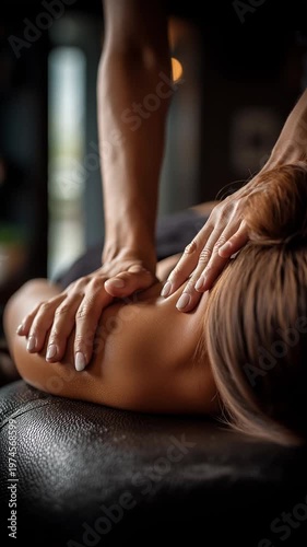 Close-up of a massage therapist's hands performing a therapeutic back and shoulder massage for a woman lying on a massage table