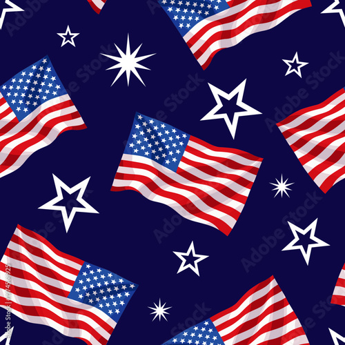 Seamless pattern with waving united states flags and white stars on dark blue background in patriotic flat vector illustration style