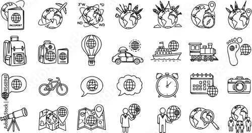 Black  White Line Art Travel Icons Set - Hand-drawn Symbols for Global Tourism, Adventure, Journey, and Exploration Activities