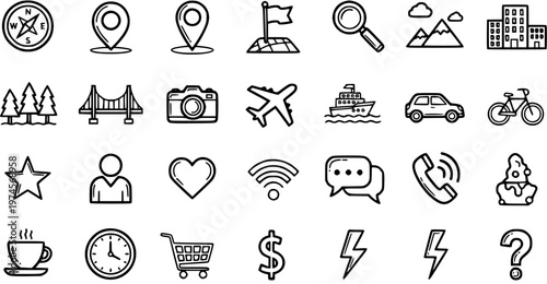 Collection of Hand-drawn Black and White Line Art Icons for Web and Mobile User Interface Design, featuring Travel, Lifestyle, and Communication Symbols.