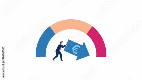 Businessman Pushing Euro Arrow Down on White Background